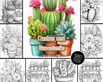 Cactus and Succulents Coloring Page for Adults Cute Coloring Book for Kids, Printable PDF Instant Download Coloring Page