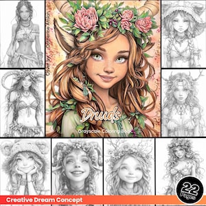 May include: A grayscale coloring book cover featuring a young woman with a floral crown and deer antlers. The title of the book is "Druids Grayscale Coloring Book". The cover art is by Catherine Armon.