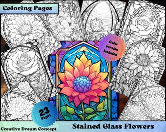 May include: 23 coloring pages featuring stained glass flower designs. The pages include a sunflower, rose, and other floral patterns. A color version of the sunflower design is also included.