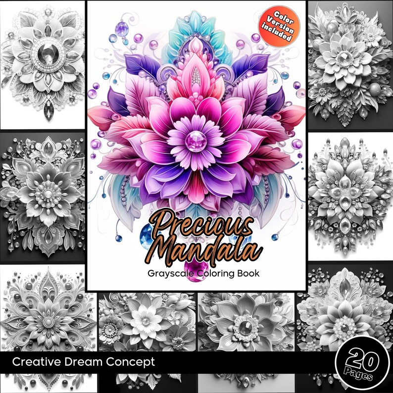 May include: A grayscale coloring book titled "Precious Mandala" with a colorful mandala design on the cover. The book features 20 pages of intricate designs and is perfect for adults and teens who enjoy coloring.