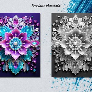May include: A colorful mandala design with a purple, blue, and white flower in the center surrounded by smaller flowers and jewels. The background is a dark purple.