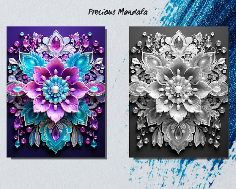 May include: A colorful mandala design with a purple, blue, and white flower in the center surrounded by smaller flowers and jewels. The background is a dark purple.