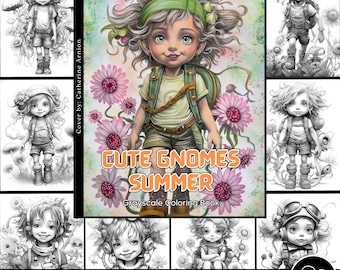Cute Gnomes Summer Coloring Page for Adults Instant Download PDF - Happy Gnome Grayscale Coloring Page Gift for her Printable Art