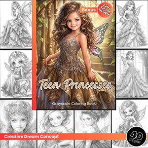 Pagina da colorare con 40 principesse adolescenti per adulti. Libro da colorare per ragazze carine con bellissimi vestiti, pagina da colorare in PDF stampabile con download istantaneo