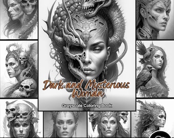 Beautiful Dark and Mysterious Woman coloring Page for Adults Grayscale Evil Woman Coloring Book Download Grayscale Printable PDF file