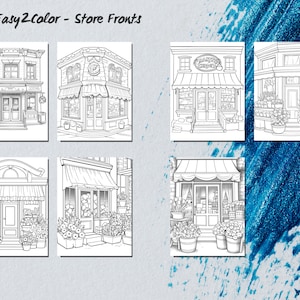 May include: Black and white line art illustrations of six different store fronts. Each storefront has a unique awning and window display. The storefronts are decorated with flowers and plants.