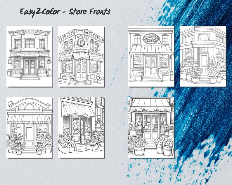 May include: Black and white line art illustrations of six different store fronts. Each storefront has a unique awning and window display. The storefronts are decorated with flowers and plants.