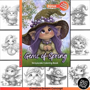 Può includere: Un libro da colorare in scala di grigi intitolato "Gems of Spring" con una copertina che presenta un gnomo dai capelli viola con un cappello da strega e che tiene un mazzo di fiori. Il libro ha 54 pagine ed è di Creative Dream Concept.