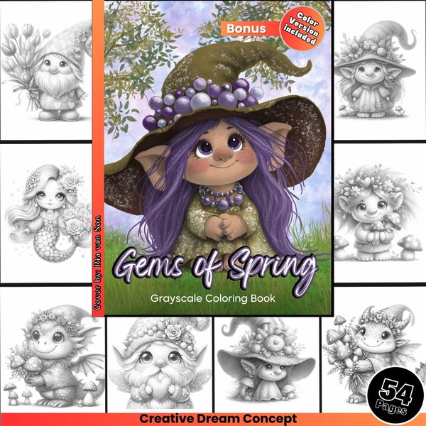Gemmes du printemps Coloriage pour adultes Gnomes et trolls mignons à colorier, livre de coloriage Fantasy imprimable PDF téléchargement immédiat