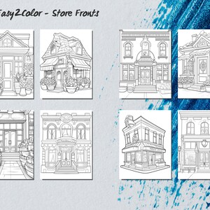 May include: Black and white line art illustrations of six different store fronts. Each storefront has a unique design and features details like windows, doors, awnings, and signage.