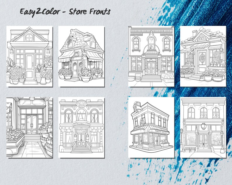 May include: Black and white line art illustrations of six different store fronts. Each storefront has a unique design and features details like windows, doors, awnings, and signage.