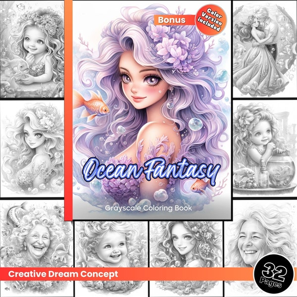 Ocean Fantasy Coloring Page for Adults Cute Girls Under Water Coloring Book, Adorable Woman Printable PDF Instant Download Coloring Page