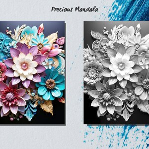 May include: A colorful paper flower arrangement in a mandala design. The flowers are made of paper and are in shades of pink, blue, green, and white. The flowers are arranged in a circular pattern and are surrounded by leaves and other decorative elements.