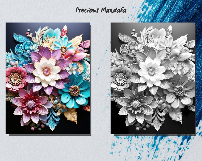 May include: A colorful paper flower arrangement in a mandala design. The flowers are made of paper and are in shades of pink, blue, green, and white. The flowers are arranged in a circular pattern and are surrounded by leaves and other decorative elements.