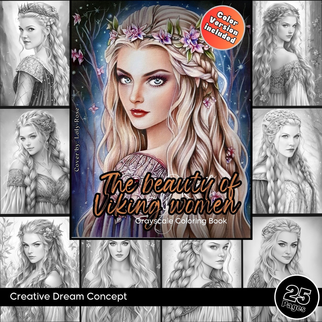 Viking Women Coloring Pages for Adults and for Kids Cute Grayscale