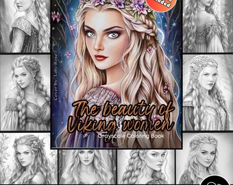 Viking women Coloring Pages for Adults and for Kids Cute Grayscale Coloring Book, Printable PDF Instant Download