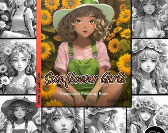 Sunflower Girls Coloring Page for Adults Cute Women Coloring Book, Printable Flowers PDF Instant Download Coloring Page