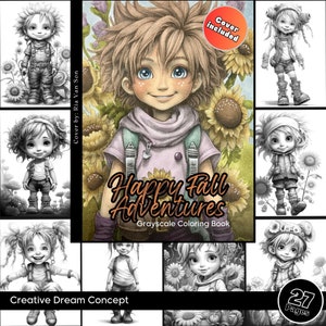 Frohe Herbst Abenteuer Mädchen Malseite Erwachsene Niedliche Blumen Zwerge Malbuch Kind Druckbare Ausmalbild PDF Seiten Sofort Download