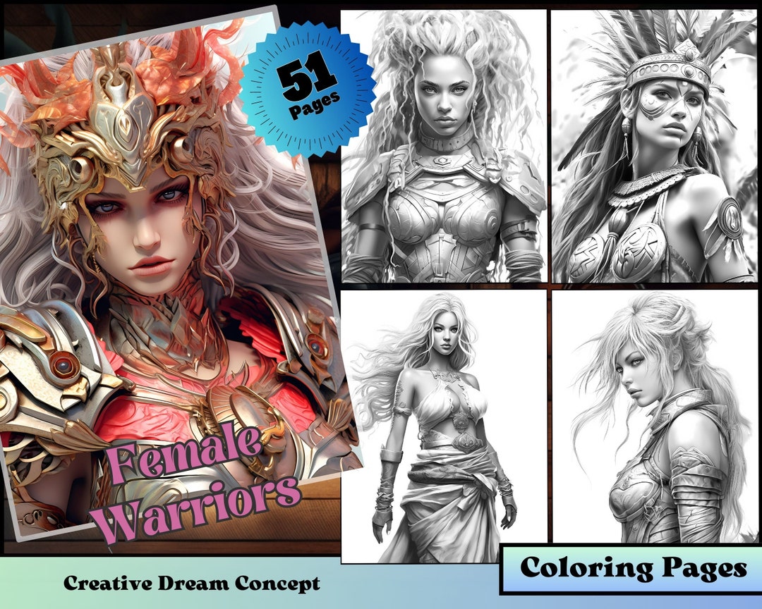 51 Female Warriors Coloring Page for Adults Beautiful Woman Grayscale