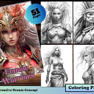 51 Female Warriors Coloring Page for Adults Beautiful Woman Grayscale Coloring Book, Printable PDF Instant Download