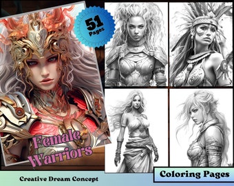 51 Female Warriors Coloring Page for Adults Beautiful Woman Grayscale Coloring Book, Printable PDF Instant Download