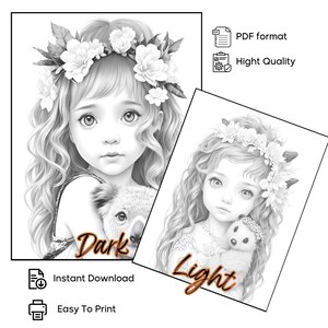 Adorable Girls With Animals Coloring Pages for Adults Instant Download ...
