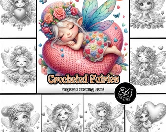 Crocheted Fairies Coloring Page for Adults Cute Small Fairy Girl Coloring Book Adorable Little heart Printable PDF Instant Download Coloring