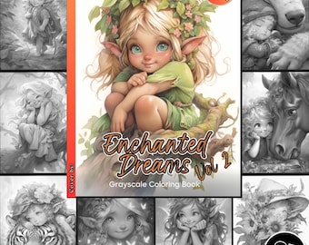 May include: A grayscale coloring book titled "Enchanted Dreams Vol 2" featuring illustrations of fairies and fantasy creatures. The cover art shows a fairy with blonde hair and green clothing. Includes 25 pages.