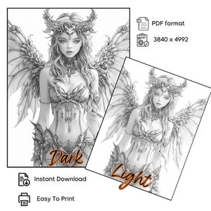 May include: Black and white digital art print of a fantasy woman with elaborate wings, a crown, and detailed armor. The image includes the text "Dark" and "Light", along with "Instant Download" and "Easy To Print". The PDF format is 3840 x 4992.