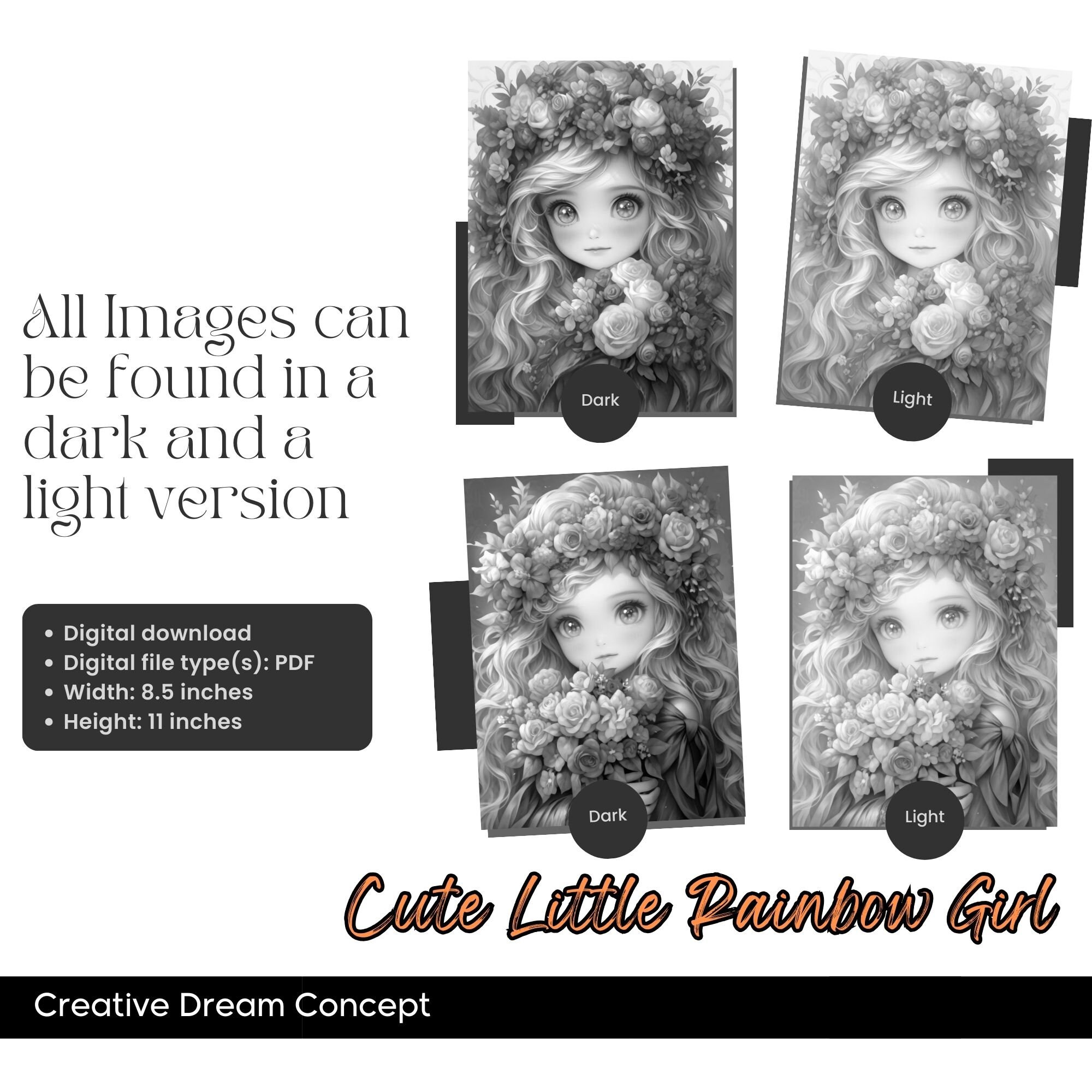 Little Rainbow Girl Coloring Page for Adults Cute Flower Girl Grayscale ...