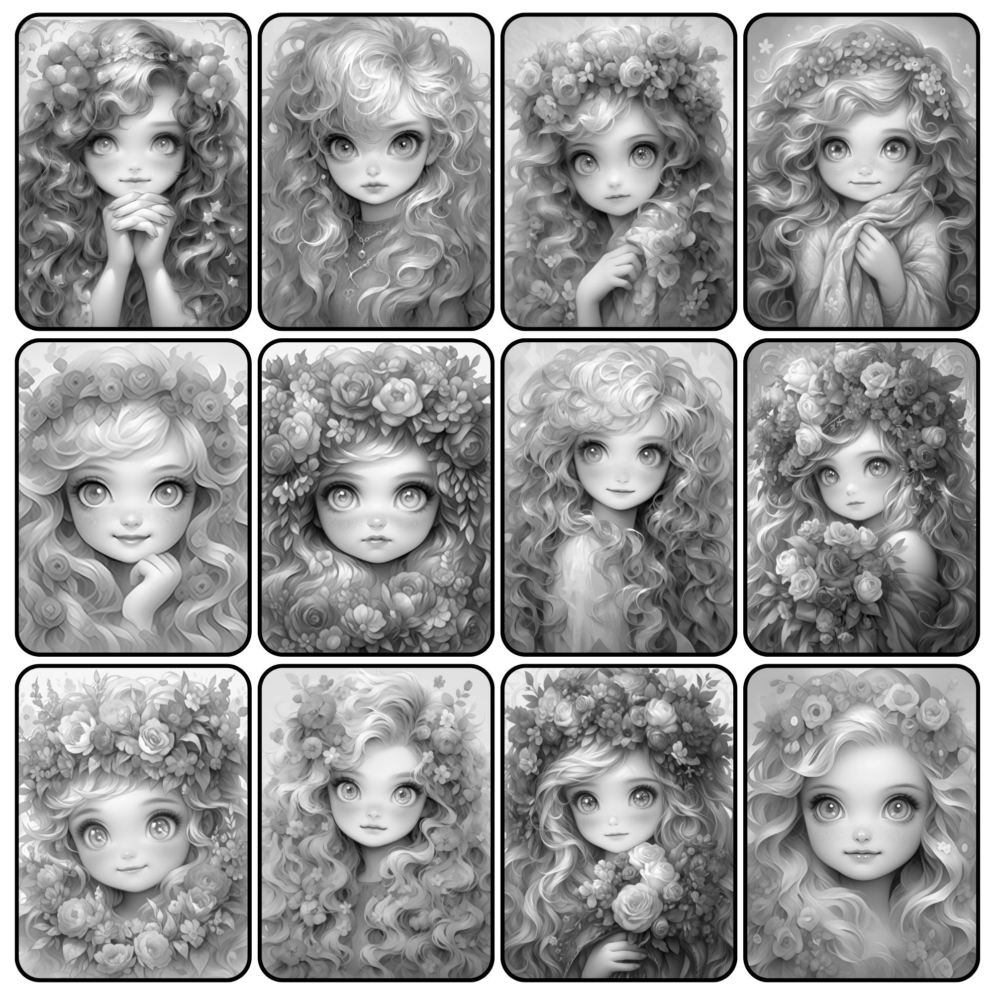 Little Rainbow Girl Coloring Page for Adults Cute Flower Girl Grayscale ...