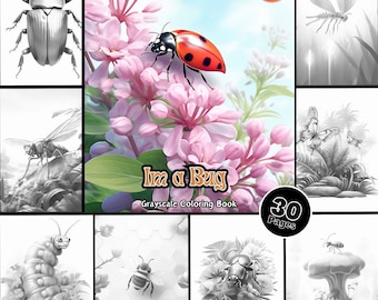 Bug Coloring Book, Grayscale Nature Animals, 30 Pages (PDF Download)