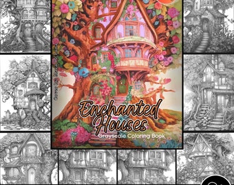 Enchanted Houses Coloring Page for Adults and Kids Cute Tree Houses Grayscale Coloring Book, Printable PDF Instant Download