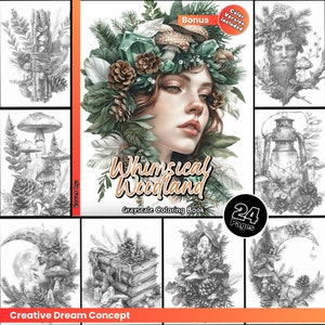 Whimsical Woodland Coloring Page for Adult Nature Coloring Book with a twist of Fantasy, Printable PDF Instant Download Coloring Page
