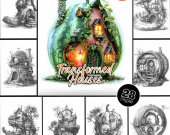 Transformed Houses Coloring Page for Adults Magical Forest Coloring Book Printable PDF Download Relax and Stress Relief Coloring Page