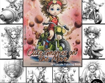 Söta tomtar på språng målarbild för vuxna direkt nedladdning i PDF-format - Glad tomte i gråskala målarbild present till henne utskrivbar konst