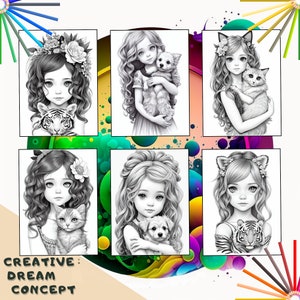 Adorable Girls With Animals Coloring Pages for Adults Illustration ...