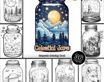 Celestial Jars Coloring Book, Galaxy Night Sky, 36 Pages (PDF Pattern)