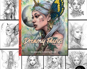 Delicate Dreamy Fairy Girls Fantasy Coloring Book for Adults Instant Download Grayscale Coloring Page Gift for her Printable PDF download