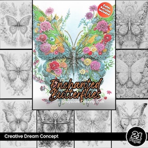 Enchanted Butterflies Coloring Page for Adults and kids Instant Download Flower Grayscale butterfly Coloring Book Gift for her Printable PDF