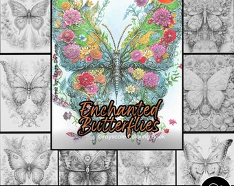 Enchanted Butterflies Coloring Page for Adults and kids Instant Download Flower Grayscale butterfly Coloring Book Gift for her Printable PDF