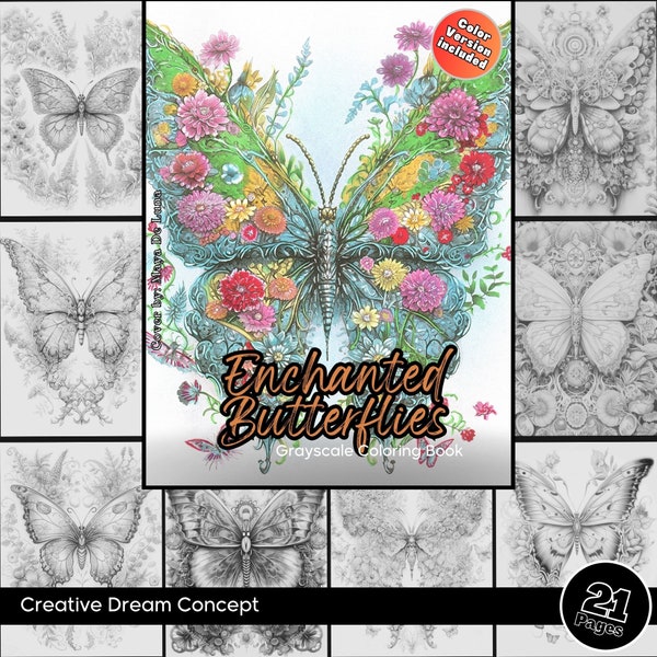 Enchanted Butterflies Coloring Page for Adults and kids Instant Download Flower Grayscale butterfly Coloring Book Gift for her Printable PDF