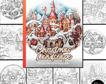 Christmas Landscape Coloring Book, Grayscale Winter Village (PDF Pattern)