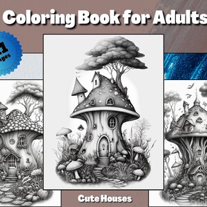 Fairy Mushroom Houses Coloring Page for Adults Grayscale Coloring Book Download Cute fairy Homes Illustration Printable PDF file