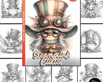 Steampunk Cuties Coloring Page for Adults Cute Gnomes and Fairy Coloring Book, Printable Adorable Girls PDF Instant Download Coloring Page