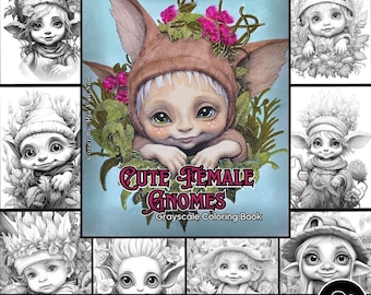 Cute Girl Gnomes coloring Pages for Adults Grayscale Coloring Book Download Grayscale Illustration Printable coloring digital