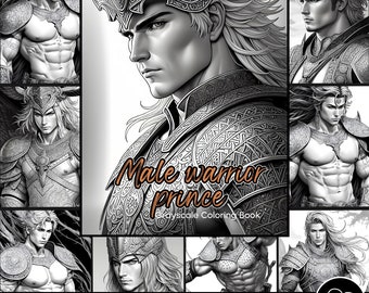 Beautiful Male warrior Pages for Adults  Grayscale Coloring Book Download Grayscale Illustration | Printable PDF file