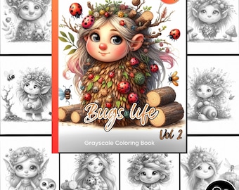Puede incluir: Un libro para colorear en escala de grises titulado "Bugs Life Vol 2" con una portada que presenta un lindo personaje de dibujos animados con una corona de hojas e insectos. El libro tiene 36 páginas e incluye una versión a color de bonificación.