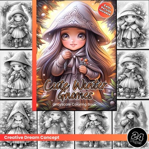 Niedliche Winter Zwerge Malseite für Erwachsene Entzückende Weihnachten Mädchen Malbuch Printable PDF Sofort Download Malseite