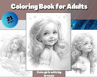 Cute Dreamy Girls coloring Pages for Adults Grayscale Coloring Book Download Grayscale Illustration Printable PDF file